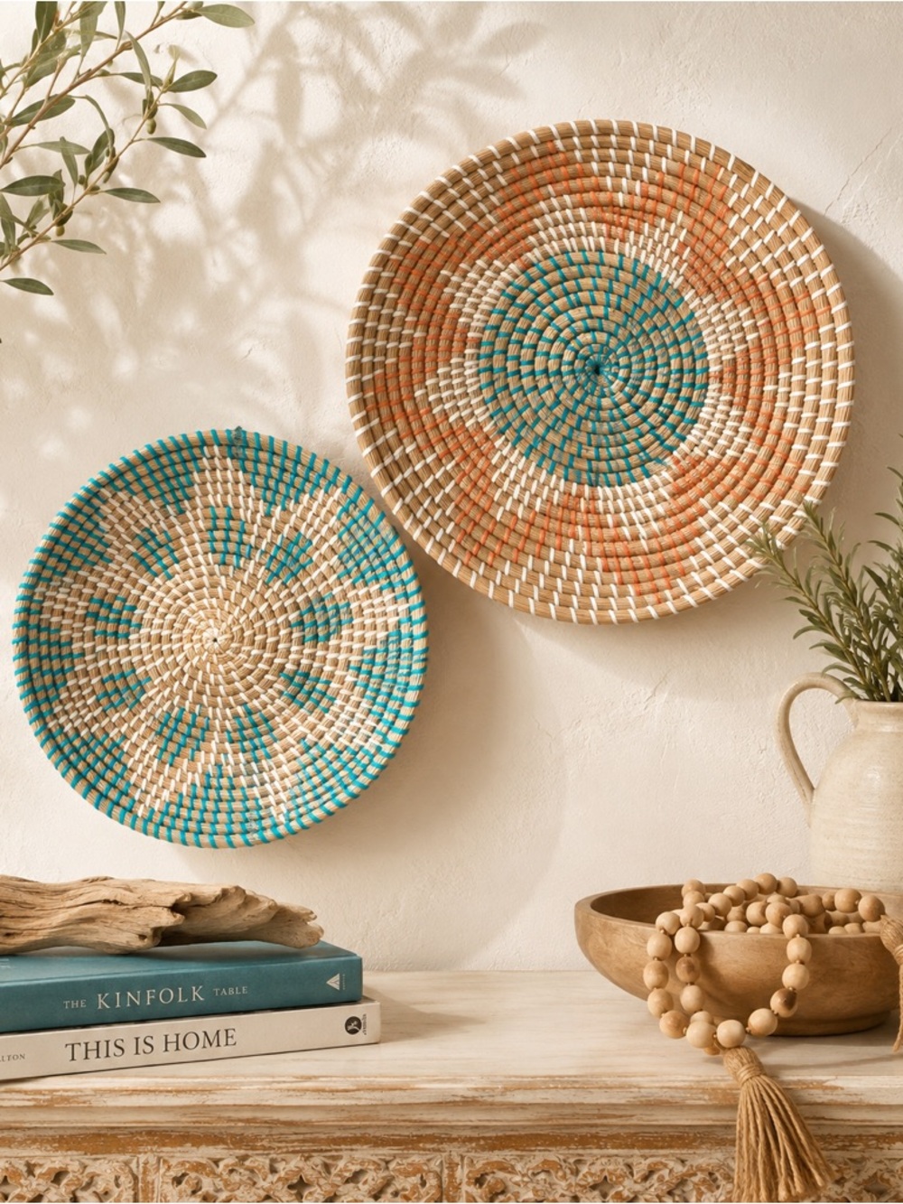 Set of 2 Handwoven Senegalese African Wall Baskets Turquoise Coral Boho Decor